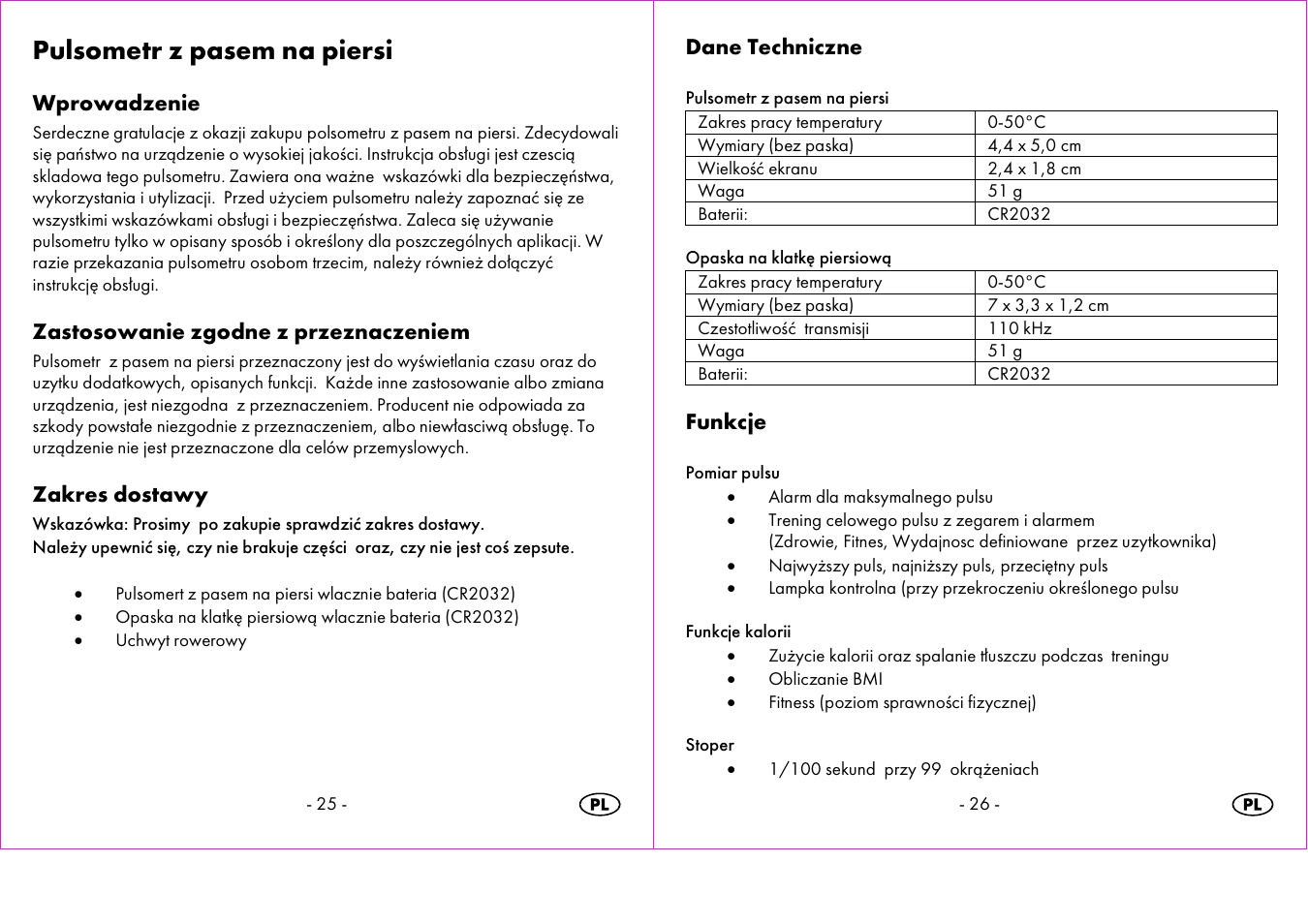 Pulsometr z pasem na piersi, Wprowadzenie, Zastosowanie zgodne z przeznaczeniem | Zakres dostawy, Dane techniczne, Funkcje | Crivit 1-LD3473 User Manual | Page 14 / 58