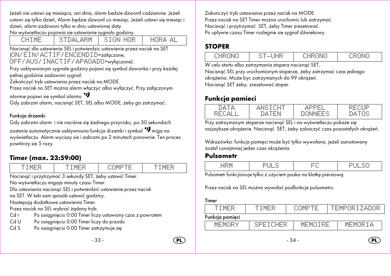 Stoper, Funkcja pamieci, Pulsometr | Crivit 1-LD3473 User Manual | Page 18 / 58