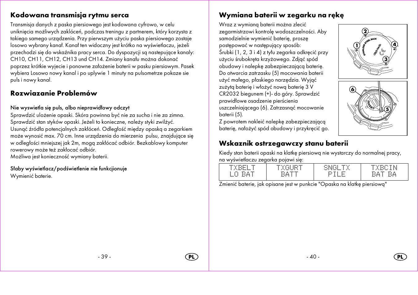 Kodowana transmisja rytmu serca, Rozwiazanie problemów, Wymiana baterii w zegarku na rękę | Wskaznik ostrzegawczy stanu baterii | Crivit 1-LD3473 User Manual | Page 21 / 58