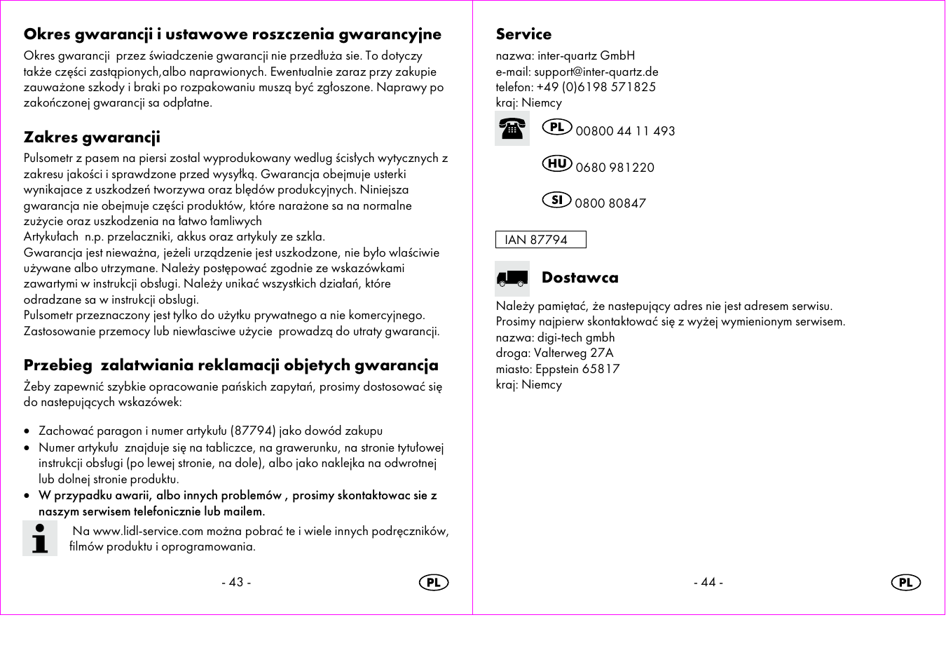 Okres gwarancji i ustawowe roszczenia gwarancyjne, Zakres gwarancji, Przebieg zalatwiania reklamacji objetych gwarancja | Service, Dostawca | Crivit 1-LD3473 User Manual | Page 23 / 58