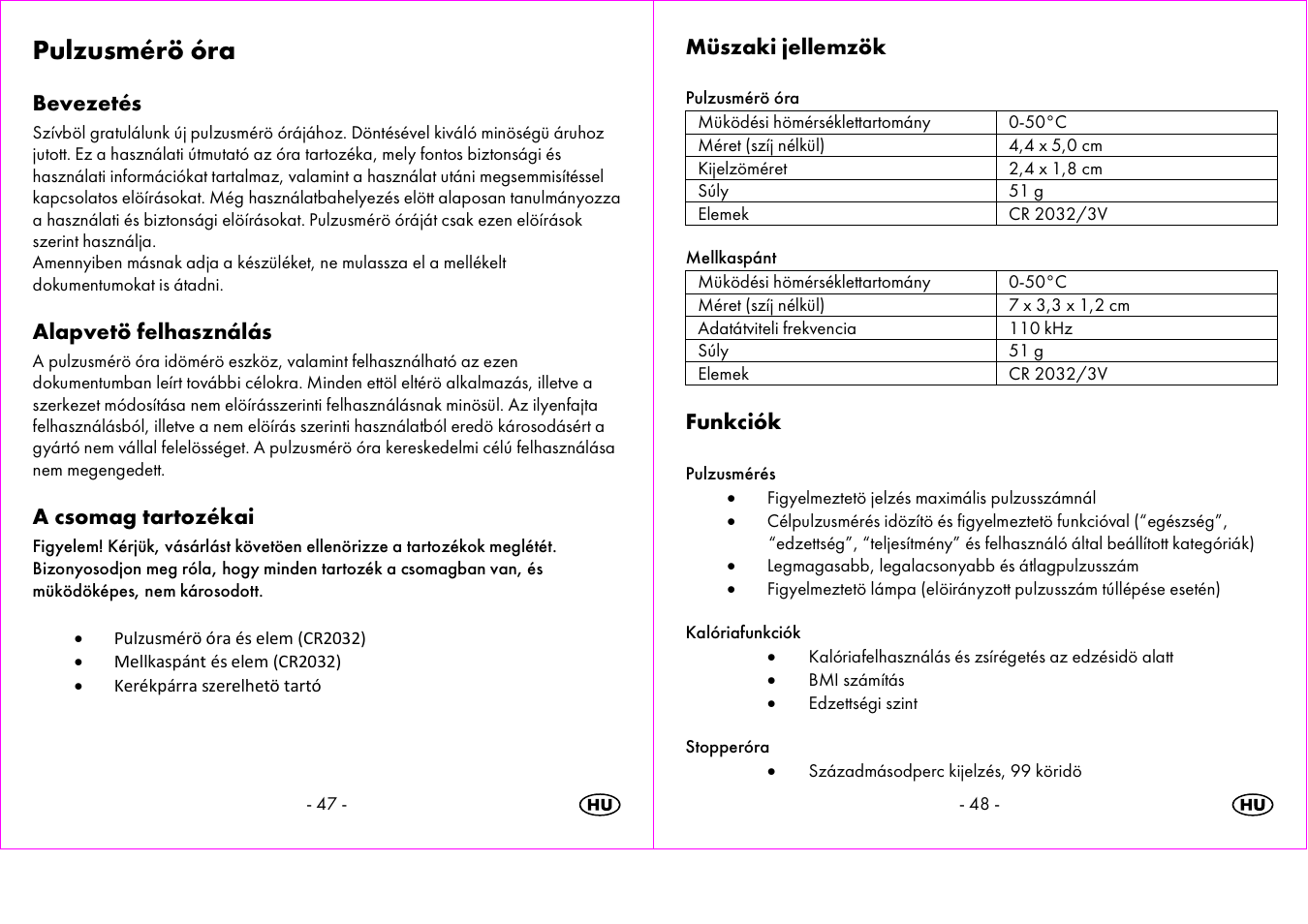 Pulzusmérö óra, Bevezetés, Alapvetö felhasználás | A csomag tartozékai, Müszaki jellemzök, Funkciók | Crivit 1-LD3473 User Manual | Page 25 / 58