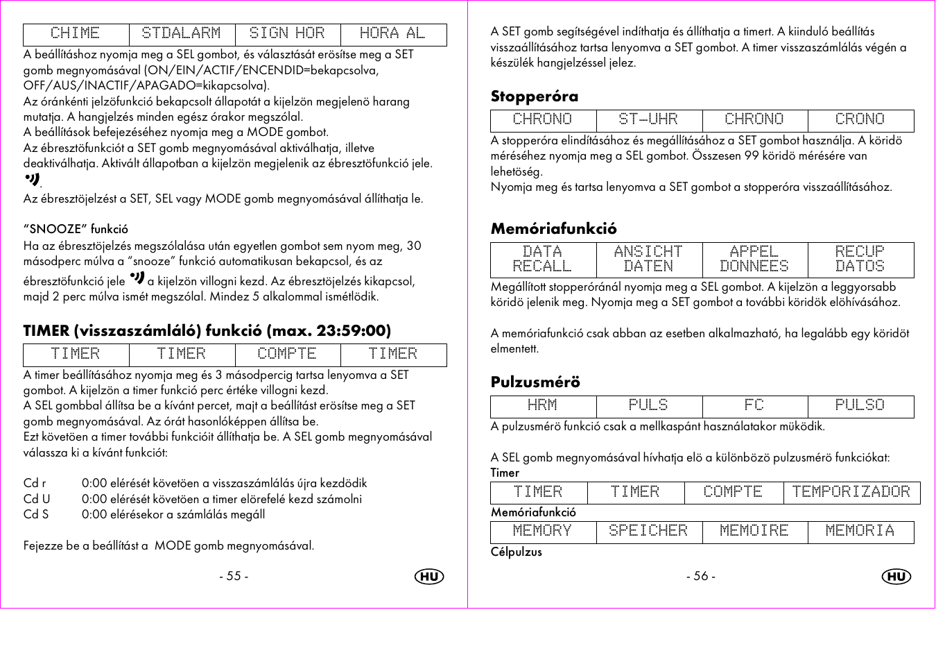 Stopperóra, Memóriafunkció, Pulzusmérö | Crivit 1-LD3473 User Manual | Page 29 / 58