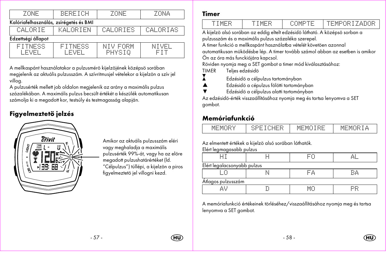 Figyelmeztetö jelzés, Timer, Memóriafunkció | Crivit 1-LD3473 User Manual | Page 30 / 58