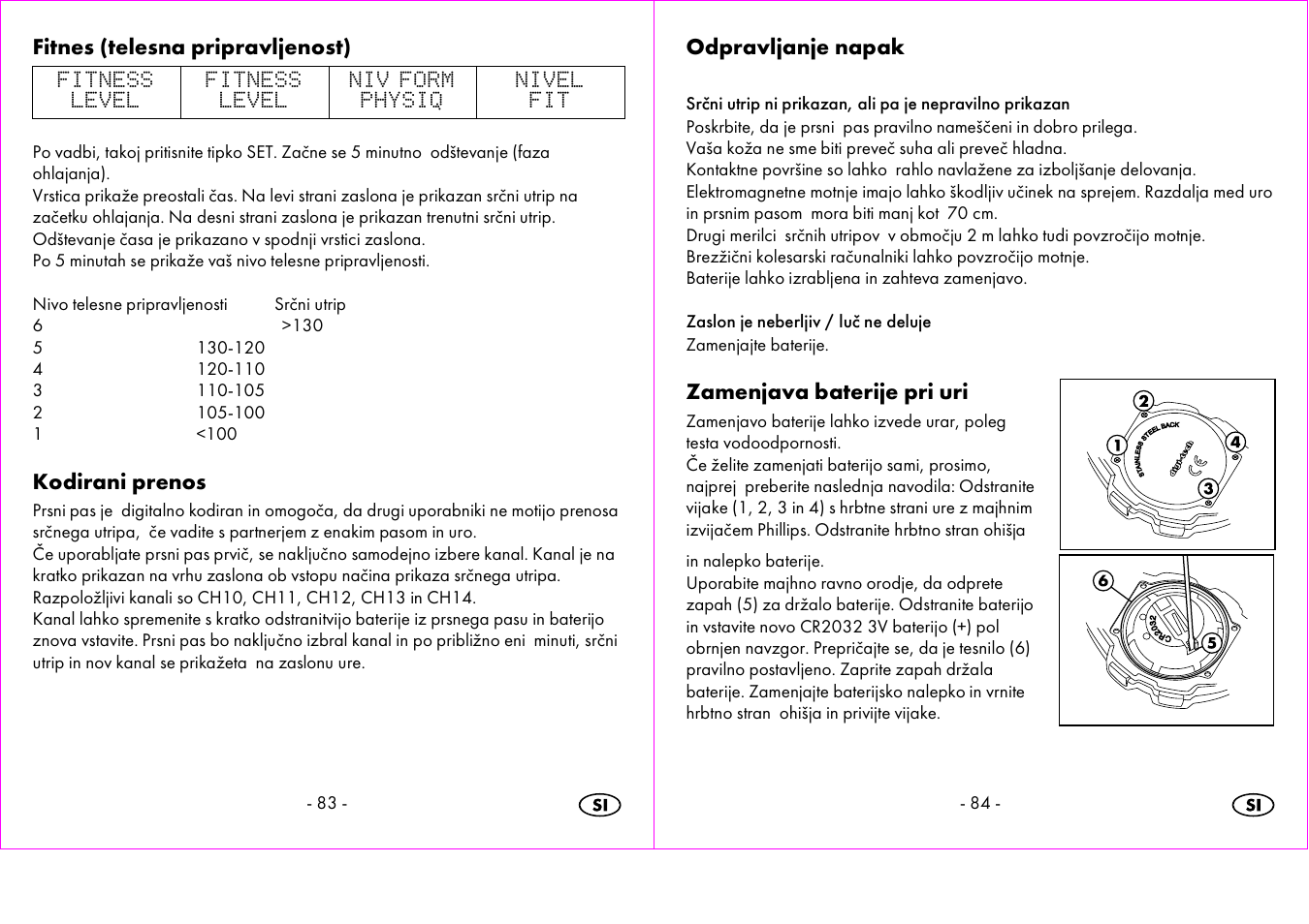 Fitnes (telesna pripravljenost), Kodirani prenos, Odpravljanje napak | Zamenjava baterije pri uri | Crivit 1-LD3473 User Manual | Page 43 / 58