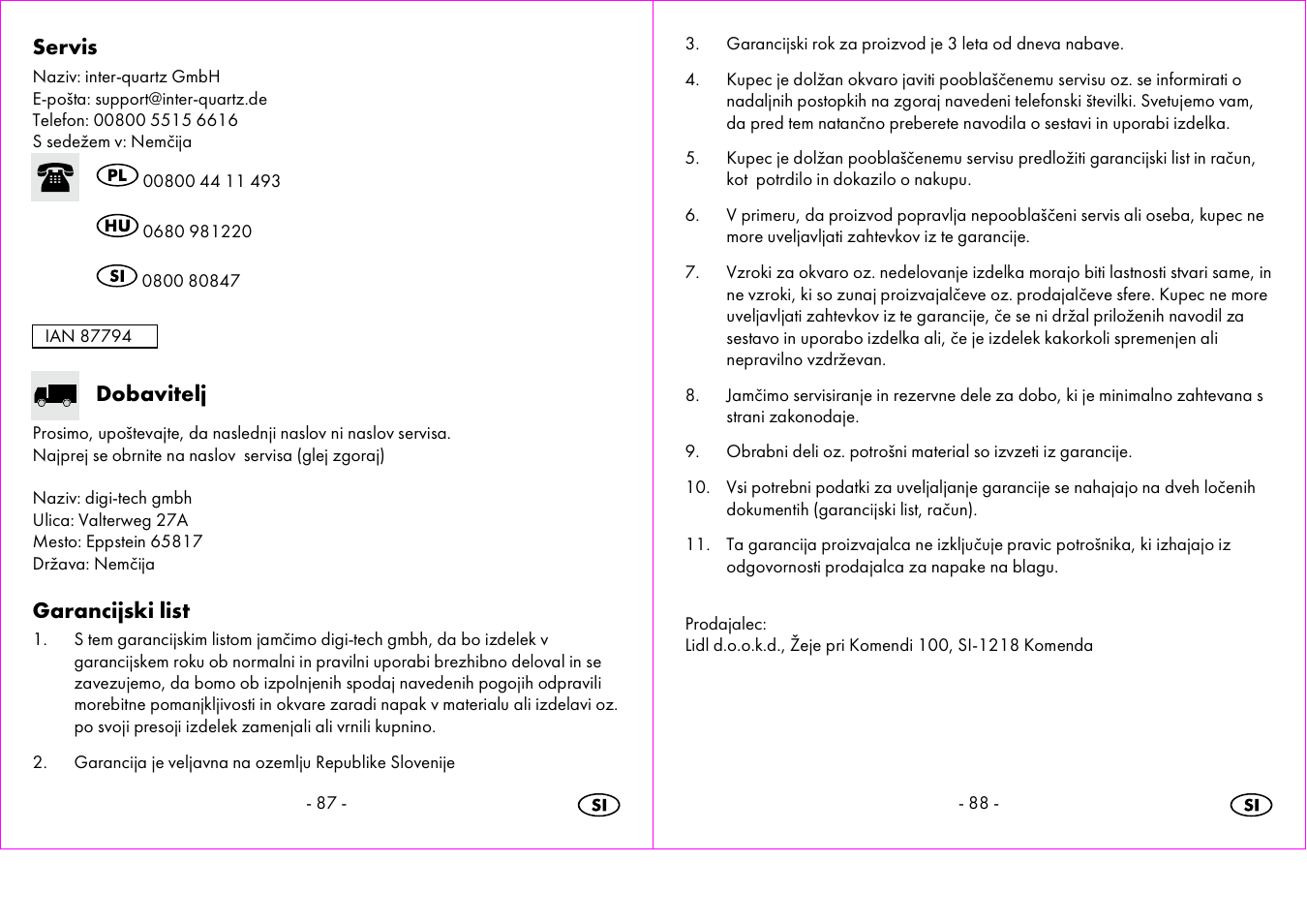 Servis, Dobavitelj, Garancijski list | Crivit 1-LD3473 User Manual | Page 45 / 58