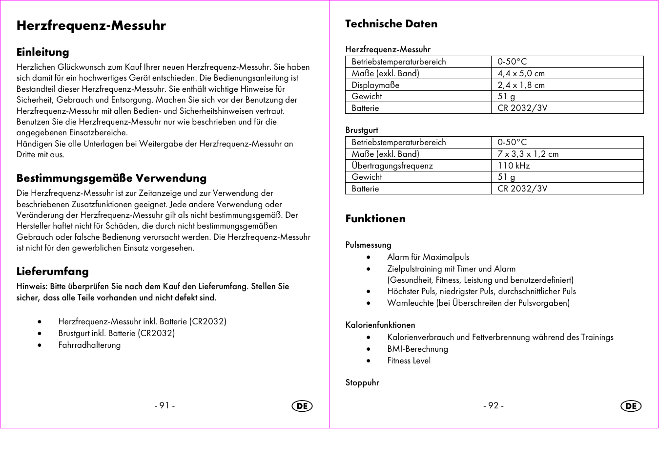 Herzfrequenz-messuhr, Einleitung, Bestimmungsgemäße verwendung | Lieferumfang, Technische daten, Funktionen | Crivit 1-LD3473 User Manual | Page 47 / 58