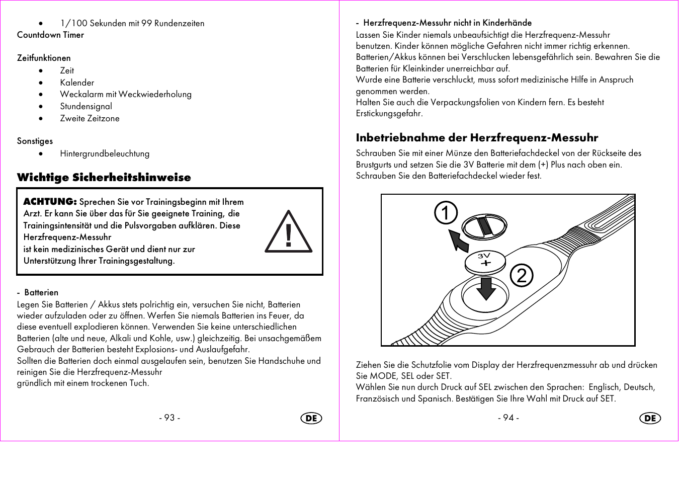 Wichtige sicherheitshinweise, Inbetriebnahme der herzfrequenz-messuhr | Crivit 1-LD3473 User Manual | Page 48 / 58