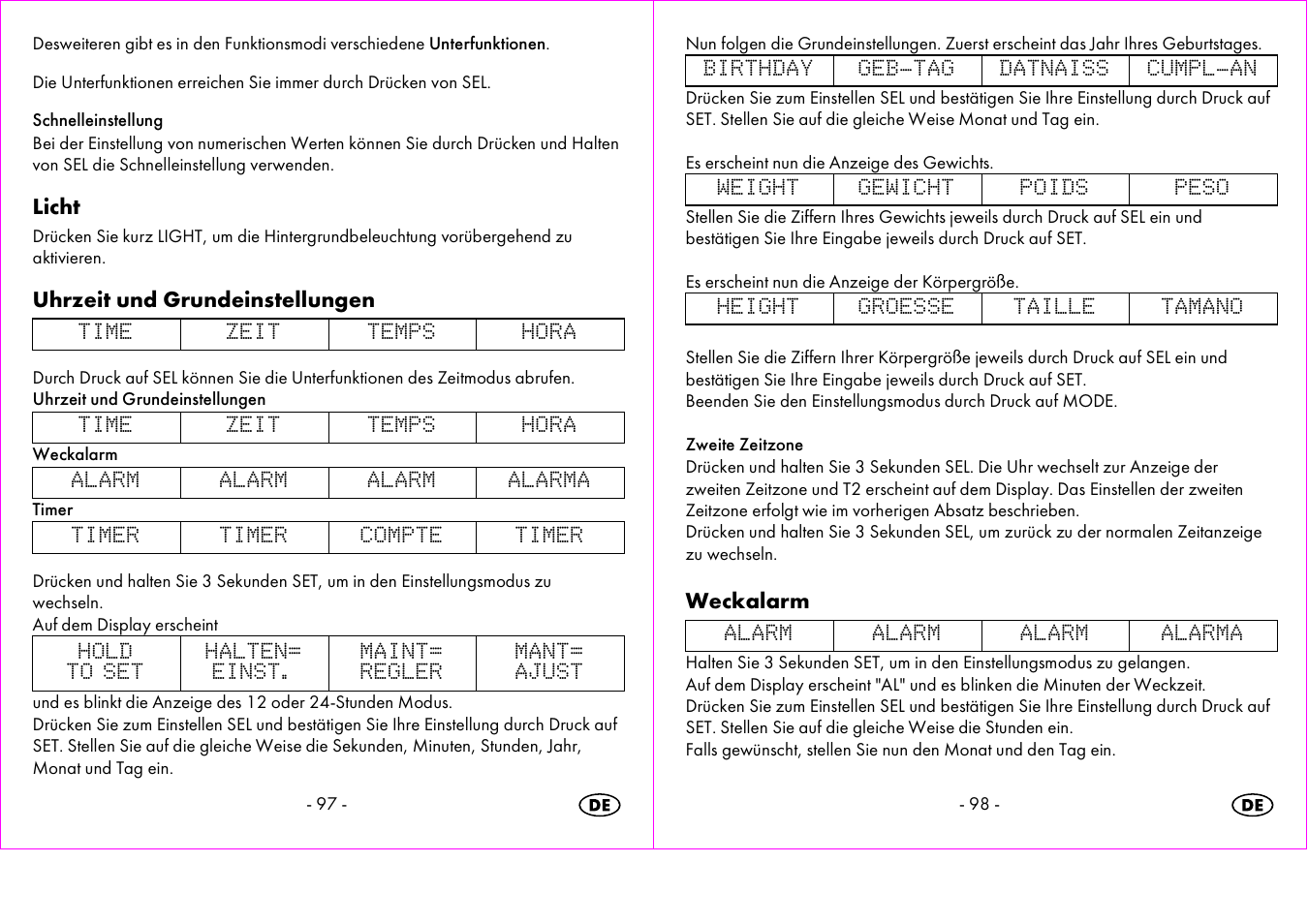 Licht, Uhrzeit und grundeinstellungen, Weckalarm | Crivit 1-LD3473 User Manual | Page 50 / 58