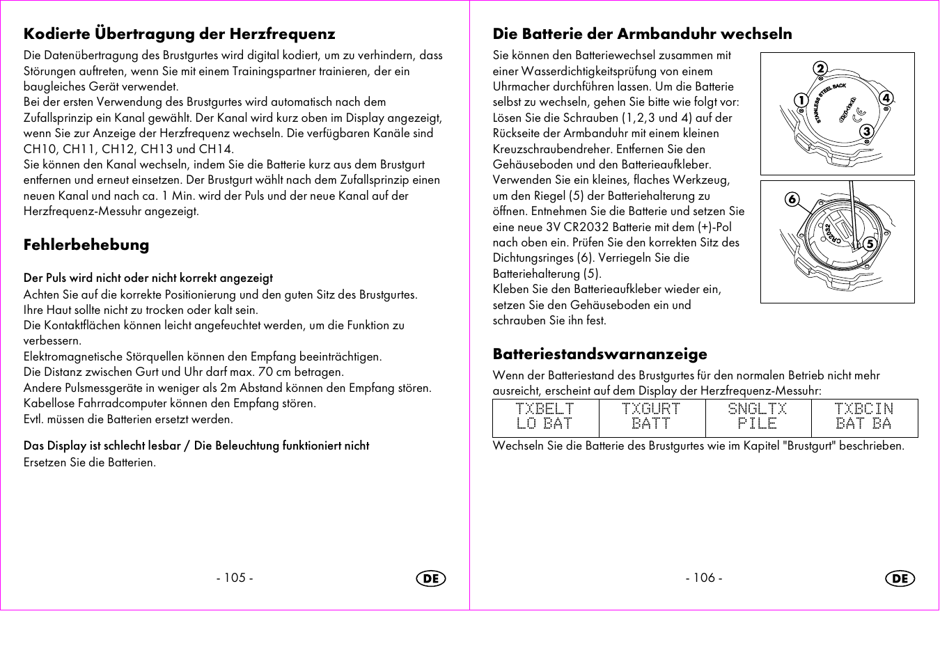 Kodierte übertragung der herzfrequenz, Fehlerbehebung, Die batterie der armbanduhr wechseln | Batteriestandswarnanzeige | Crivit 1-LD3473 User Manual | Page 54 / 58