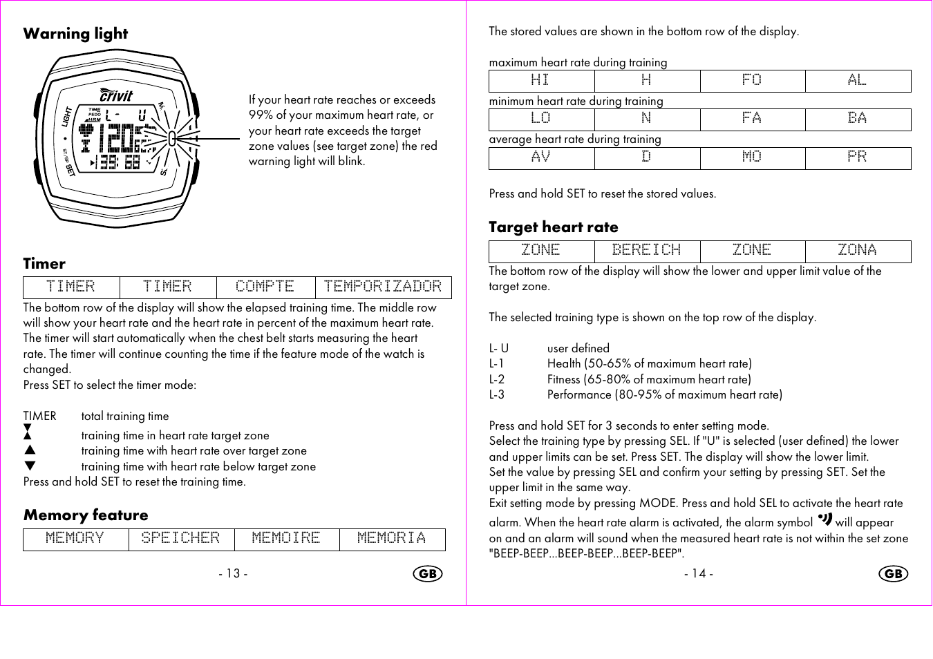 Warning light, Timer, Target heart rate | Crivit 1-LD3473 User Manual | Page 8 / 58