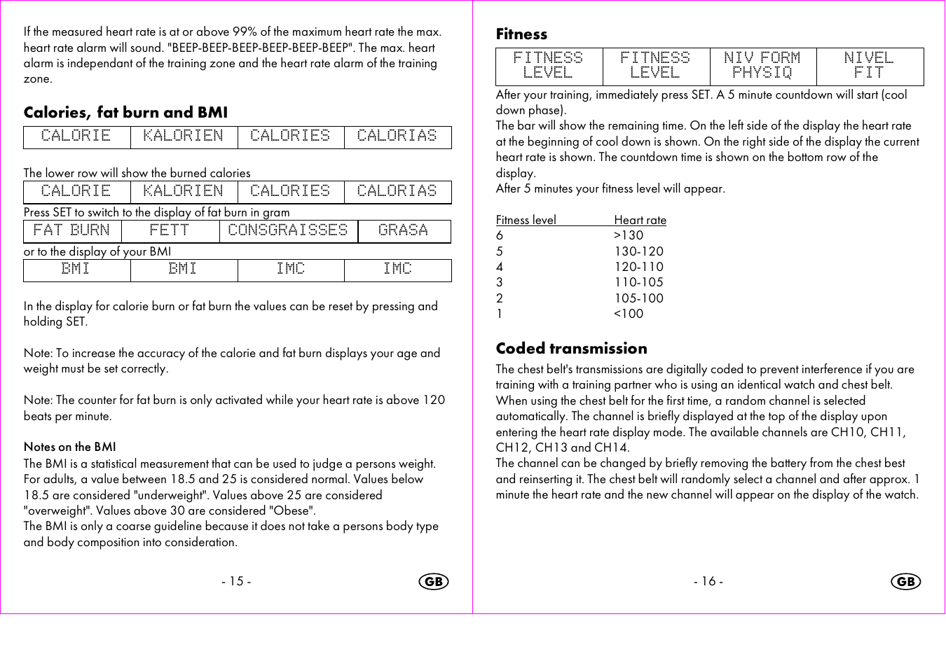 Calories, fat burn and bmi, Fitness, Coded transmission | Crivit 1-LD3473 User Manual | Page 9 / 58