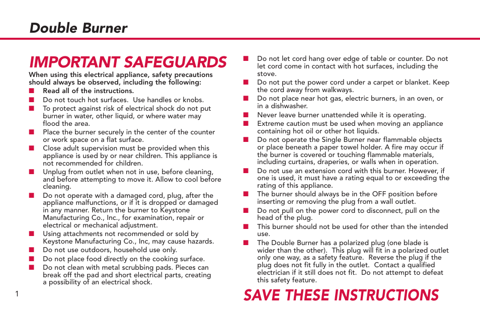 Save these instructions important safeguards, Double burner | Deni Double Burner 16320 User Manual | Page 2 / 4