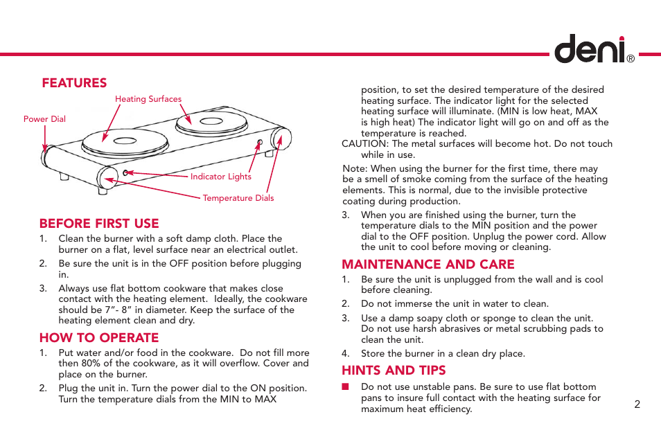 Maintenance and care, Hints and tips, Features before first use | How to operate | Deni Double Burner 16320 User Manual | Page 3 / 4