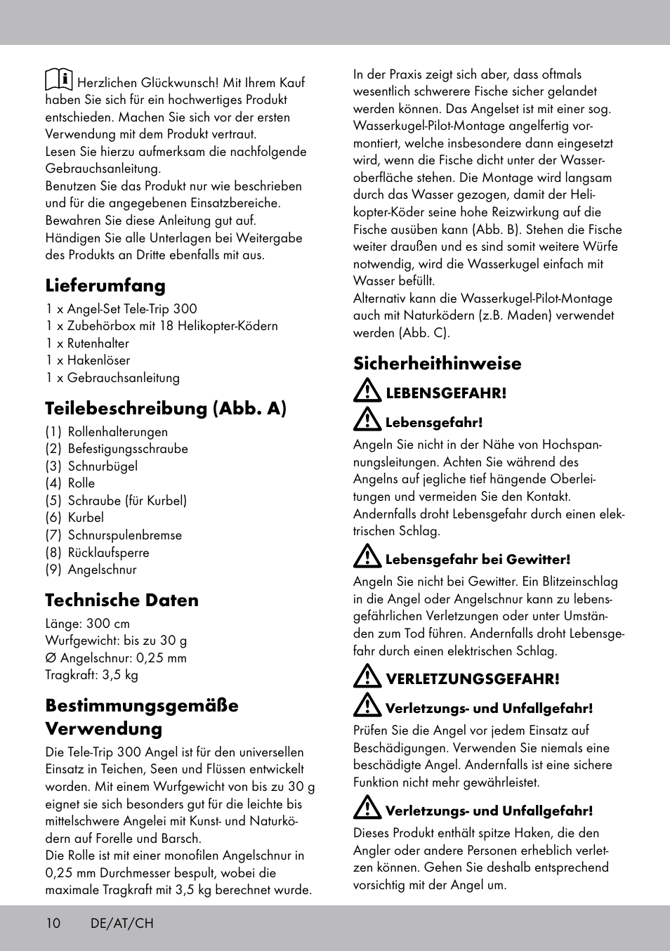 Lieferumfang, Teilebeschreibung (abb. a), Technische daten | Bestimmungsgemäße verwendung, Sicherheithinweise | Crivit Tele-Trip 300 User Manual | Page 10 / 16