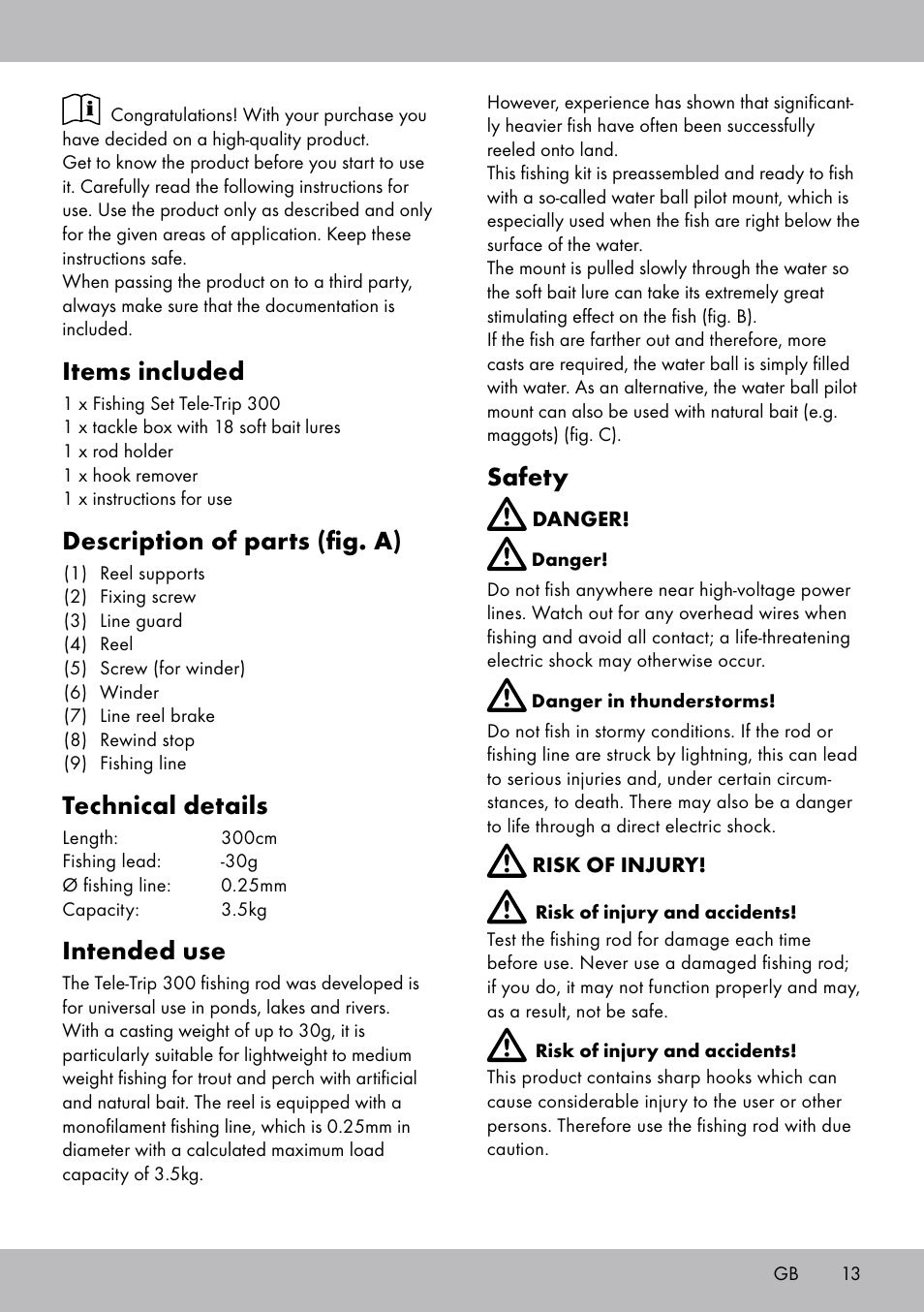 Items included, Description of parts (fig. a), Technical details | Intended use, Safety | Crivit Tele-Trip 300 User Manual | Page 13 / 16