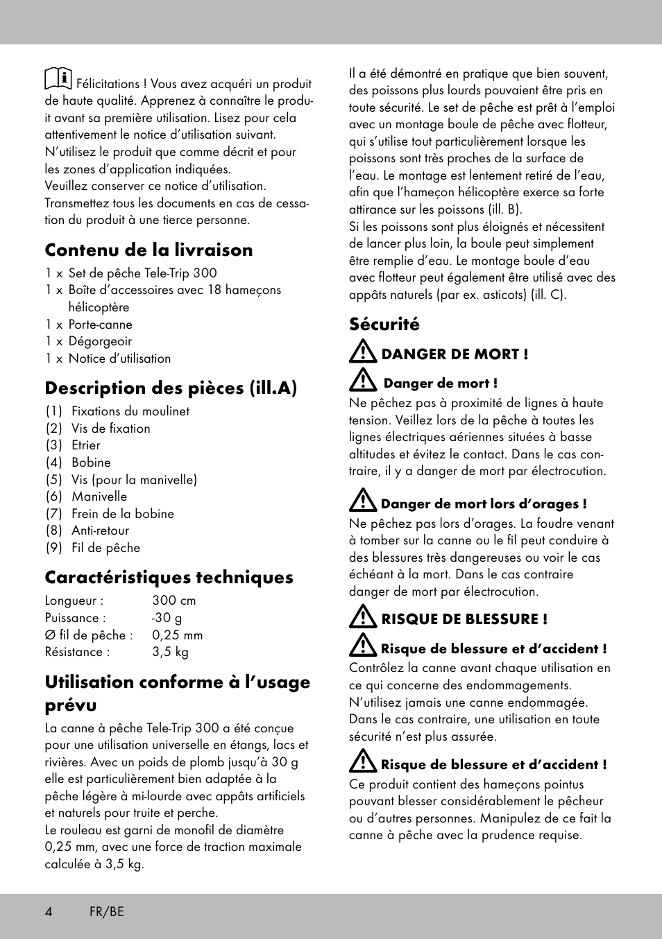 Contenu de la livraison, Description des pièces (ill.a), Caractéristiques techniques | Utilisation conforme à l’usage prévu, Sécurité | Crivit Tele-Trip 300 User Manual | Page 4 / 16