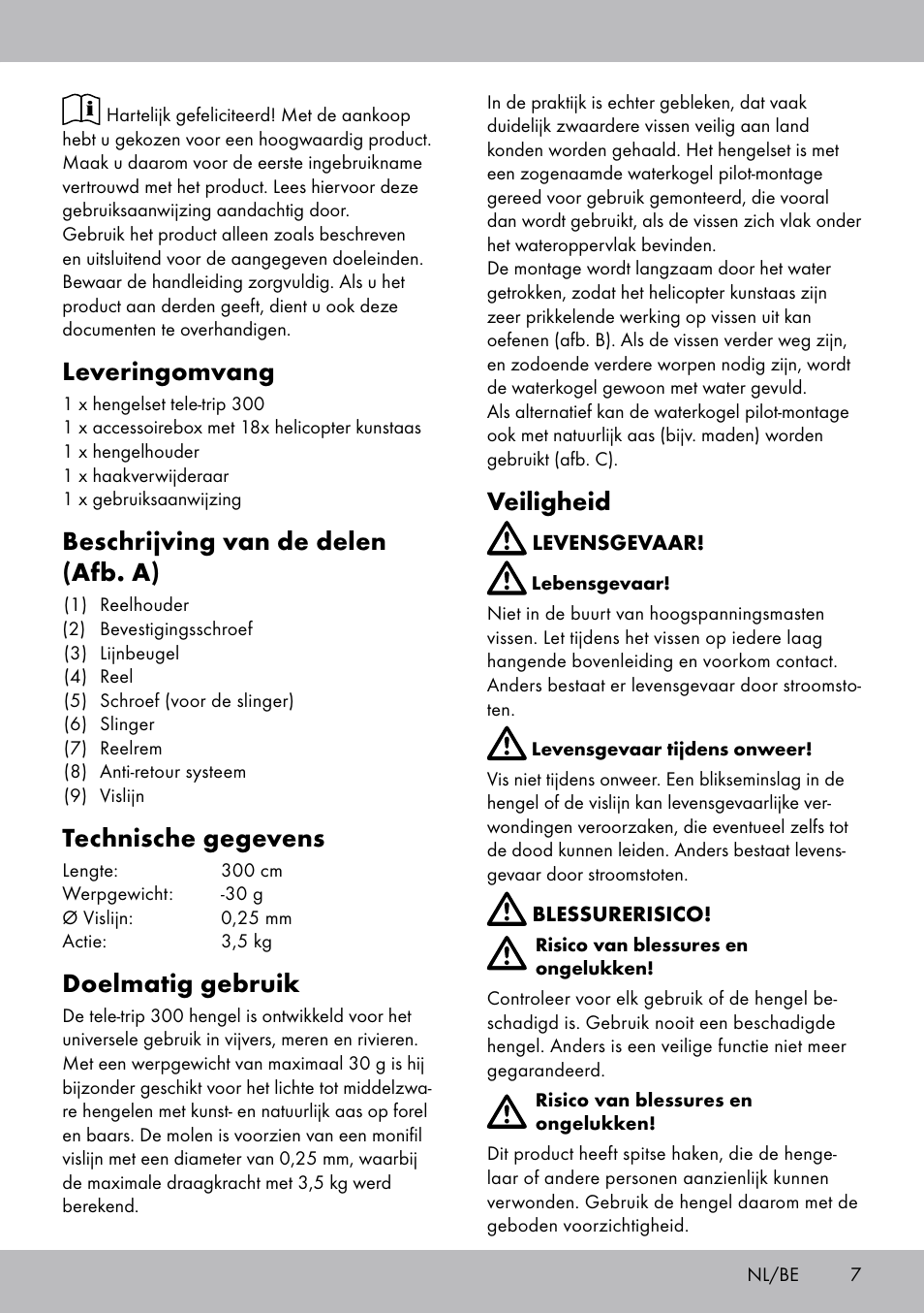 Leveringomvang, Beschrijving van de delen (afb. a), Technische gegevens | Doelmatig gebruik, Veiligheid | Crivit Tele-Trip 300 User Manual | Page 7 / 16