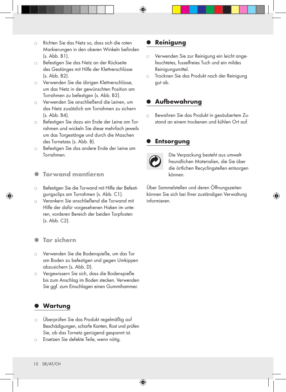 Torwand montieren, Tor sichern, Wartung | Reinigung, Aufbewahrung, Entsorgung | Crivit Football Goal Set User Manual | Page 12 / 15