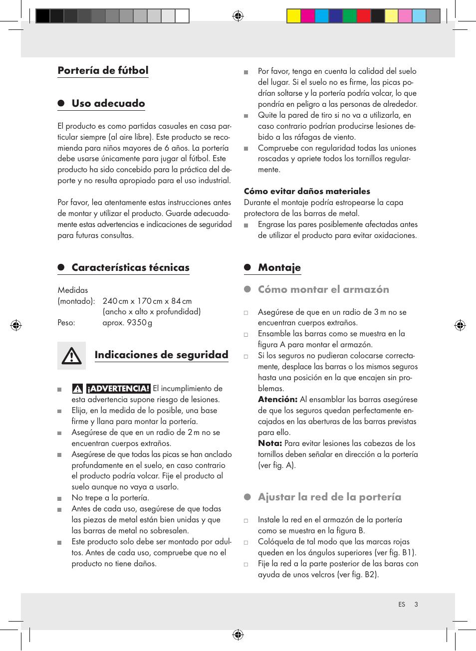 Portería de fútbol, Uso adecuado, Características técnicas | Indicaciones de seguridad, Montaje, Cómo montar el armazón, Ajustar la red de la portería | Crivit Football Goal Set User Manual | Page 3 / 15