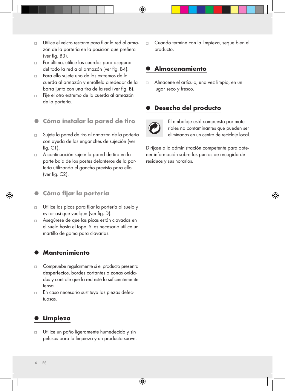 Cómo instalar la pared de tiro, Cómo fijar la portería, Mantenimiento | Limpieza, Almacenamiento, Desecho del producto | Crivit Football Goal Set User Manual | Page 4 / 15