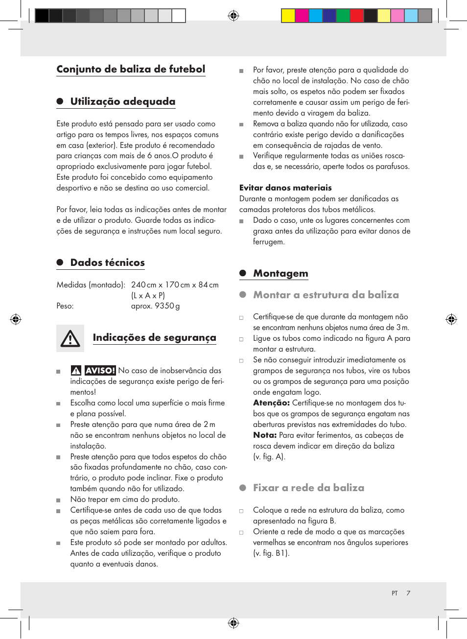 Conjunto de baliza de futebol, Utilização adequada, Dados técnicos | Indicações de segurança, Montagem, Montar a estrutura da baliza, Fixar a rede da baliza | Crivit Football Goal Set User Manual | Page 7 / 15