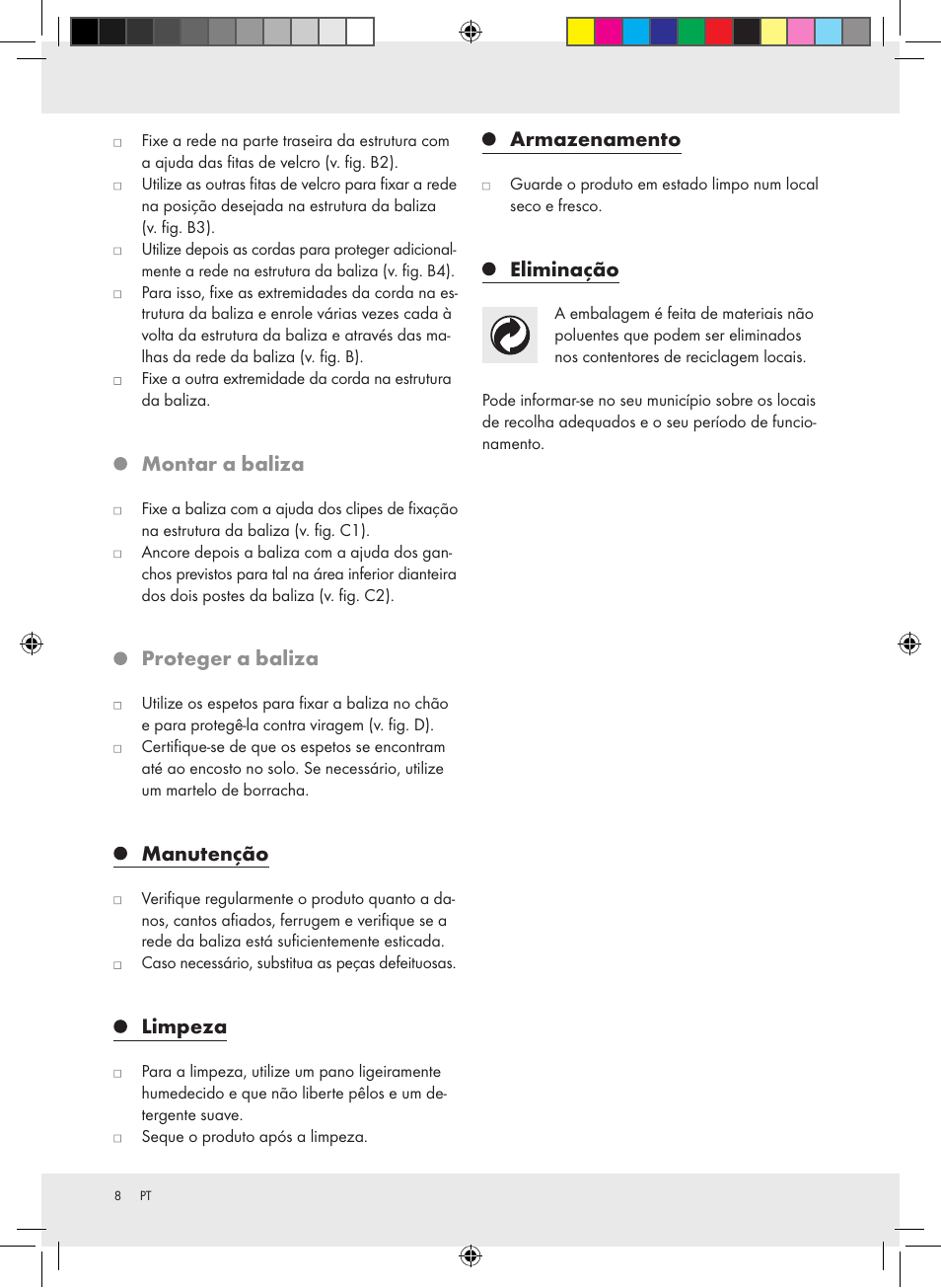 Montar a baliza, Proteger a baliza, Manutenção | Limpeza, Armazenamento, Eliminação | Crivit Football Goal Set User Manual | Page 8 / 15