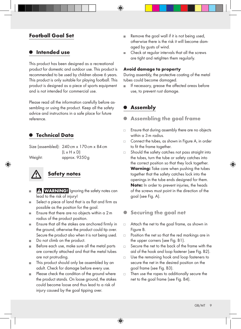 Football goal set, Intended use, Technical data | Assembly, Assembling the goal frame, Securing the goal net | Crivit Football Goal Set User Manual | Page 9 / 15