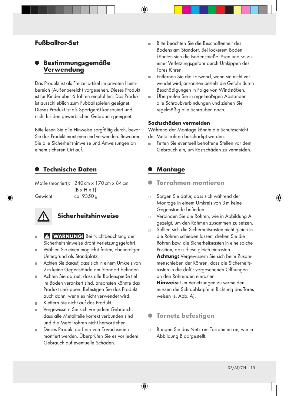 Fußballtor-set, Bestimmungsgemäße verwendung, Technische daten | Sicherheitshinweise, Montage, Torrahmen montieren, Tornetz befestigen | Crivit Football Goal Set User Manual | Page 15 / 19