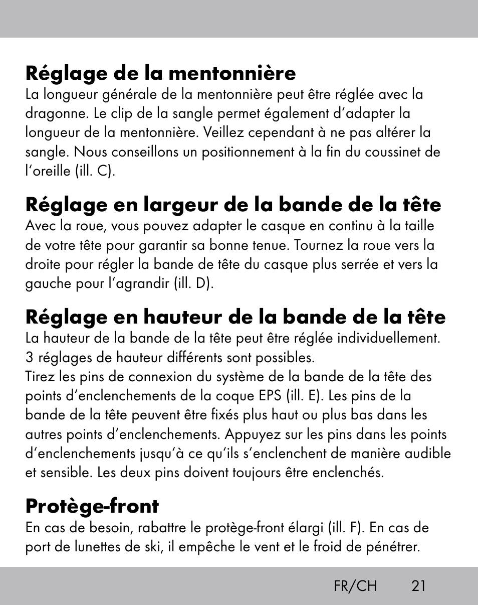 Réglage de la mentonnière, Réglage en largeur de la bande de la tête, Réglage en hauteur de la bande de la tête | Protège-front | Crivit ES-1656 User Manual | Page 19 / 54