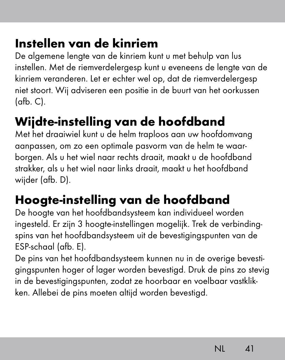 Instellen van de kinriem, Wijdte-instelling van de hoofdband, Hoogte-instelling van de hoofdband | Crivit ES-1656 User Manual | Page 39 / 54