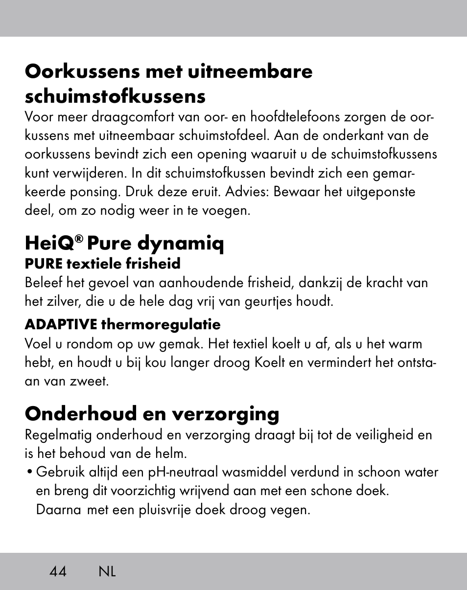 Oorkussens met uitneembare schuimstofkussens, Heiq, Pure dynamiq | Onderhoud en verzorging | Crivit ES-1656 User Manual | Page 42 / 54