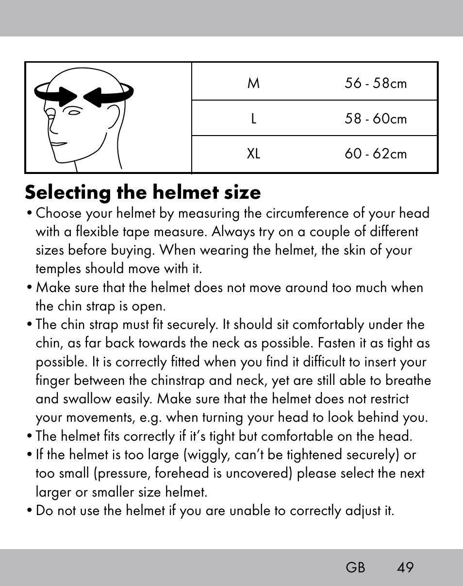 Selecting the helmet size | Crivit ES-1656 User Manual | Page 47 / 54