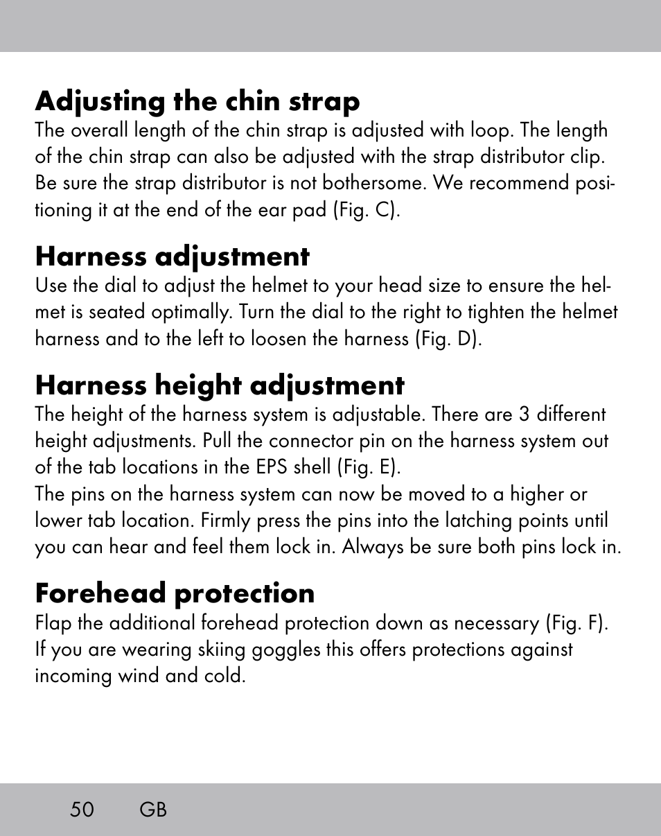 Adjusting the chin strap, Harness adjustment, Harness height adjustment | Forehead protection | Crivit ES-1656 User Manual | Page 48 / 54