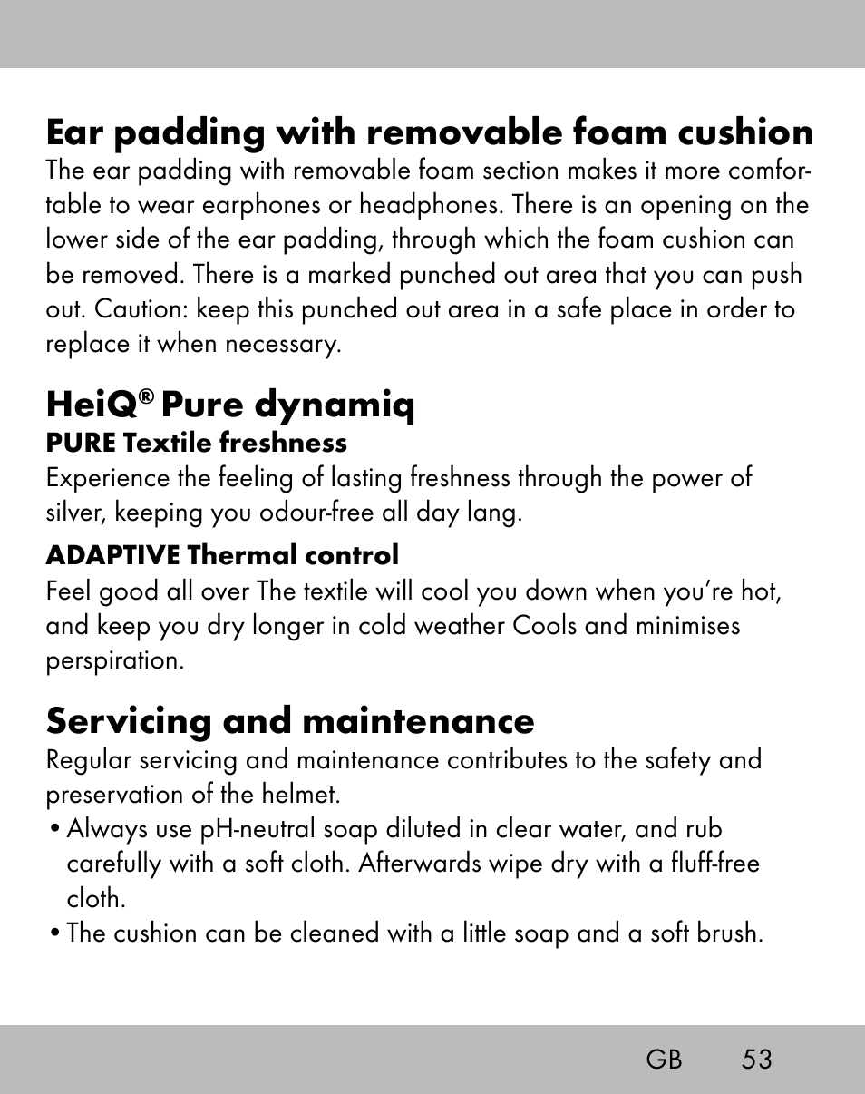 Ear padding with removable foam cushion, Heiq, Pure dynamiq | Servicing and maintenance | Crivit ES-1656 User Manual | Page 51 / 54