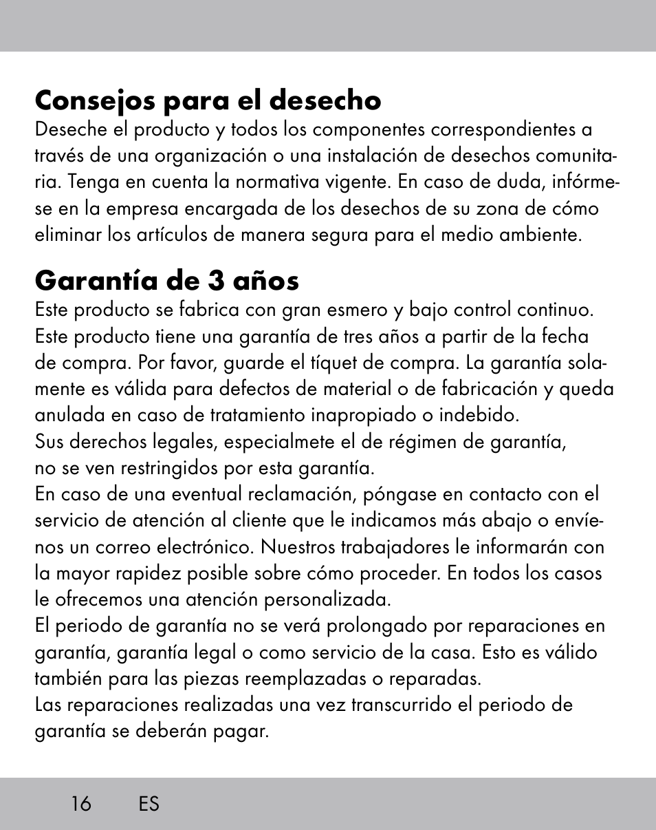 Consejos para el desecho, Garantía de 3 años | Crivit ES-1656 User Manual | Page 14 / 58