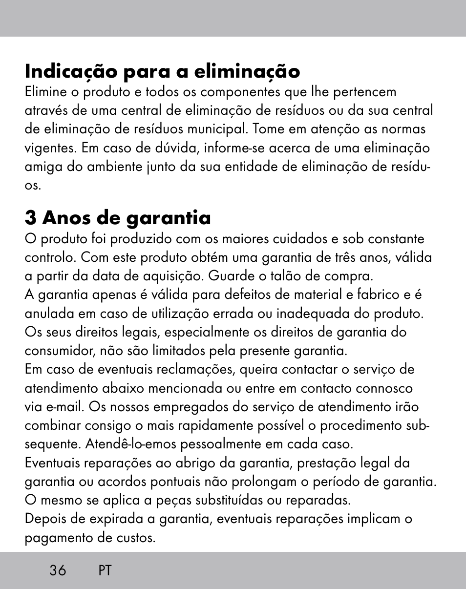 Indicação para a eliminação, 3 anos de garantia | Crivit ES-1656 User Manual | Page 34 / 58