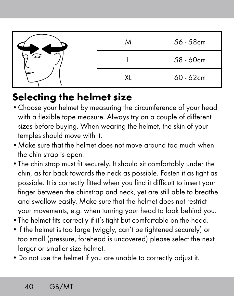 Selecting the helmet size | Crivit ES-1656 User Manual | Page 38 / 58
