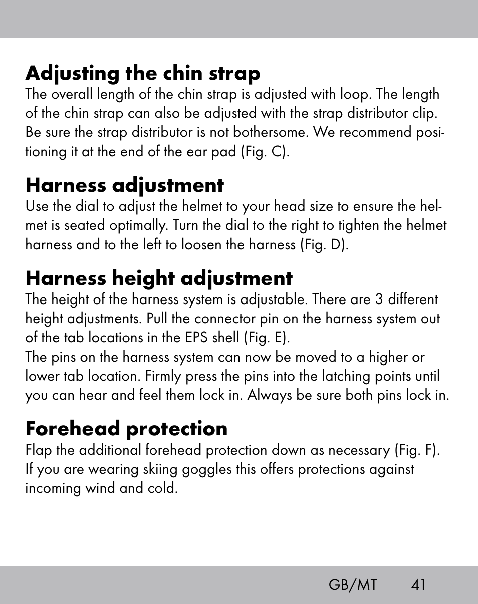 Adjusting the chin strap, Harness adjustment, Harness height adjustment | Forehead protection | Crivit ES-1656 User Manual | Page 39 / 58