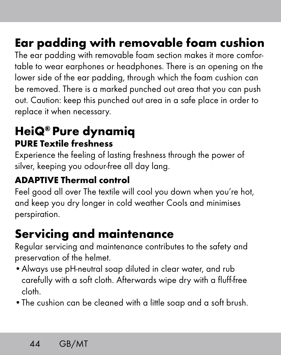 Ear padding with removable foam cushion, Heiq, Pure dynamiq | Servicing and maintenance | Crivit ES-1656 User Manual | Page 42 / 58
