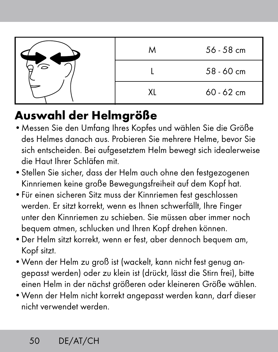 Auswahl der helmgröße | Crivit ES-1656 User Manual | Page 48 / 58