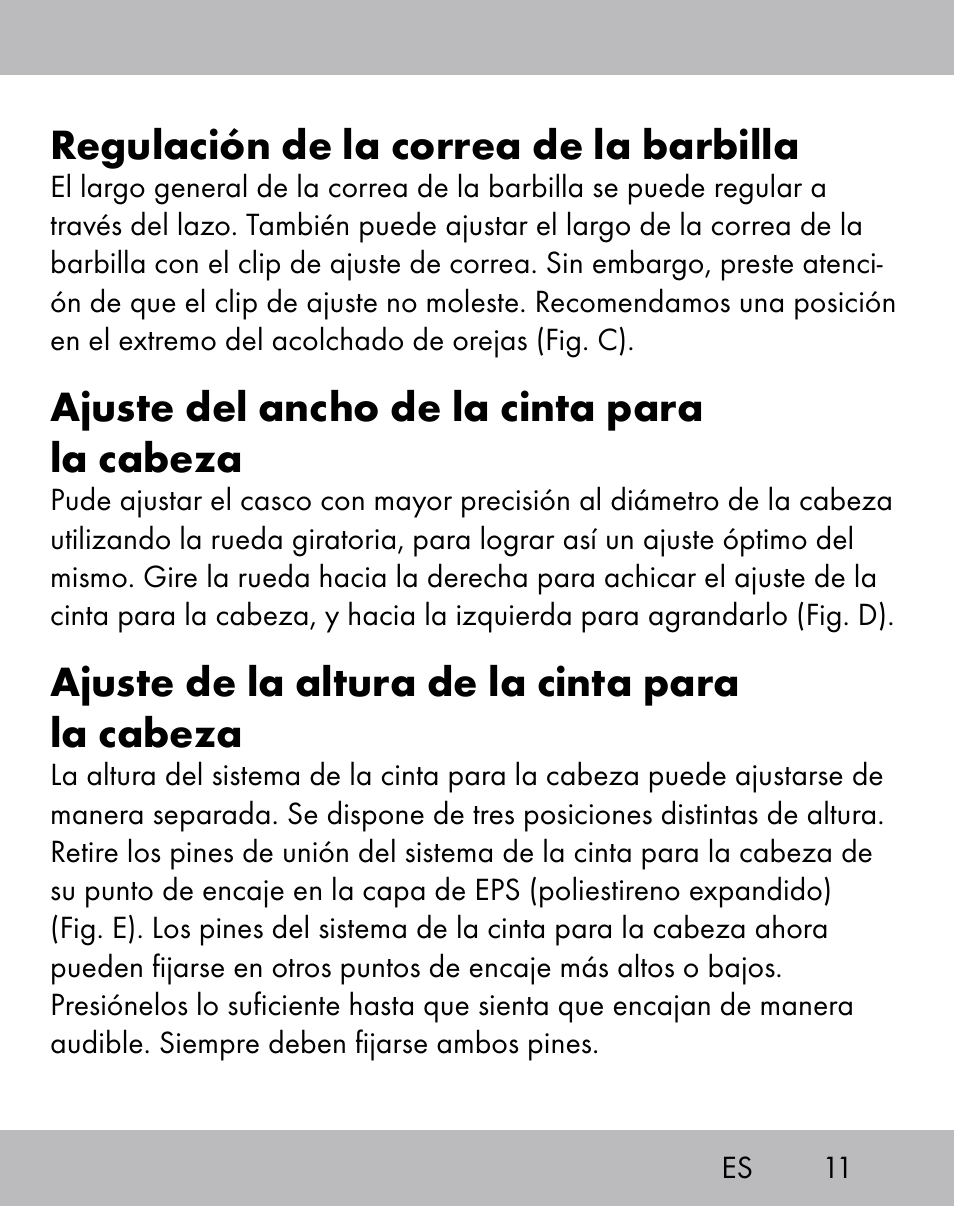 Regulación de la correa de la barbilla, Ajuste del ancho de la cinta para la cabeza, Ajuste de la altura de la cinta para la cabeza | Crivit ES-1656 User Manual | Page 9 / 58