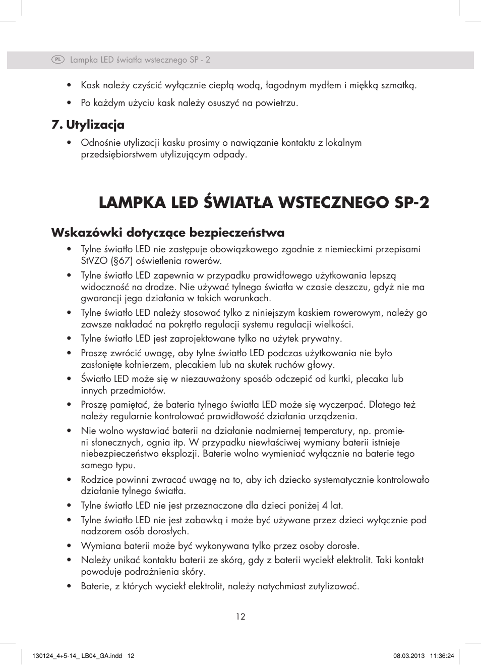 Lampka led światła wstecznego sp-2, Utylizacja, Wskazówki dotyczące bezpieczeństwa | Crivit SP - 33 User Manual | Page 10 / 42