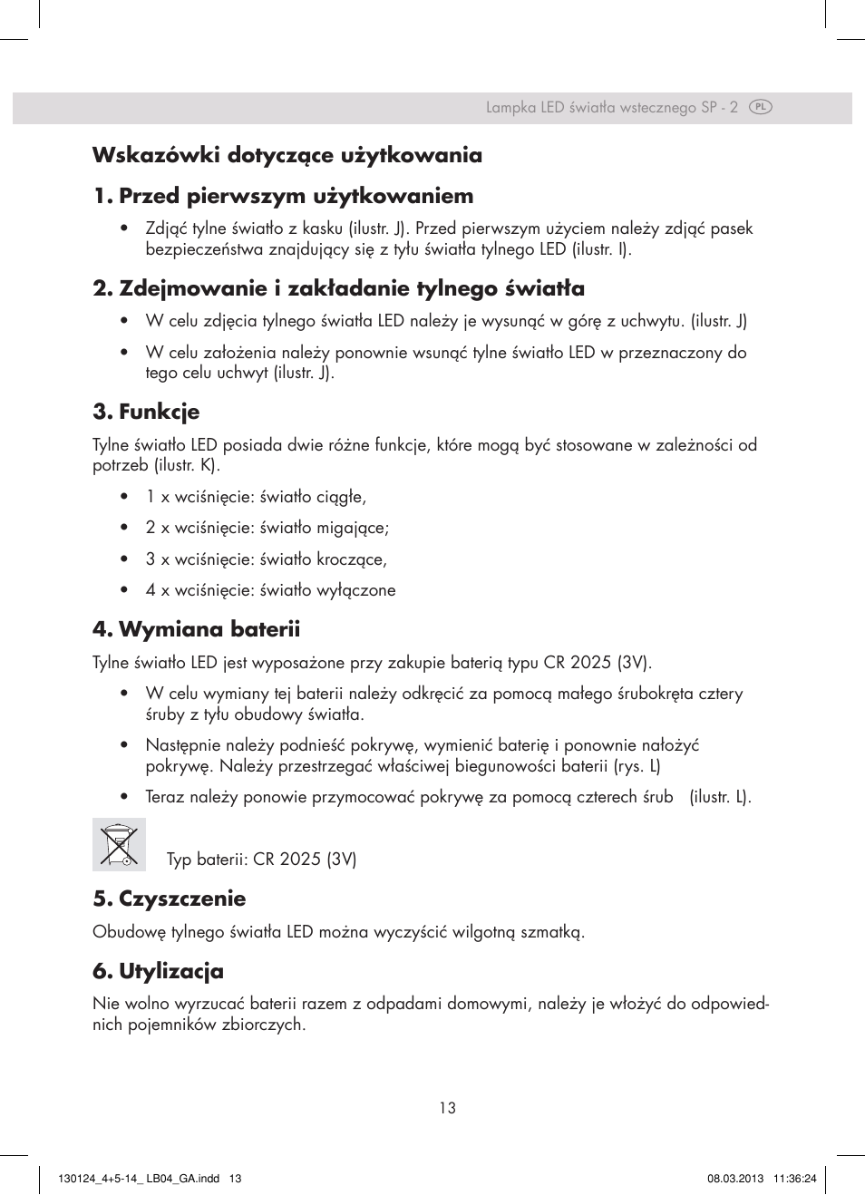 Zdejmowanie i zakładanie tylnego światła, Funkcje, Wymiana baterii | Czyszczenie, Utylizacja | Crivit SP - 33 User Manual | Page 11 / 42