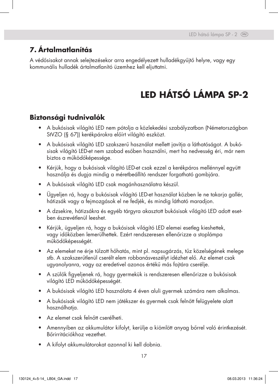 Led hátsó lámpa sp-2, Ártalmatlanítás, Biztonsági tudnivalók | Crivit SP - 33 User Manual | Page 15 / 42
