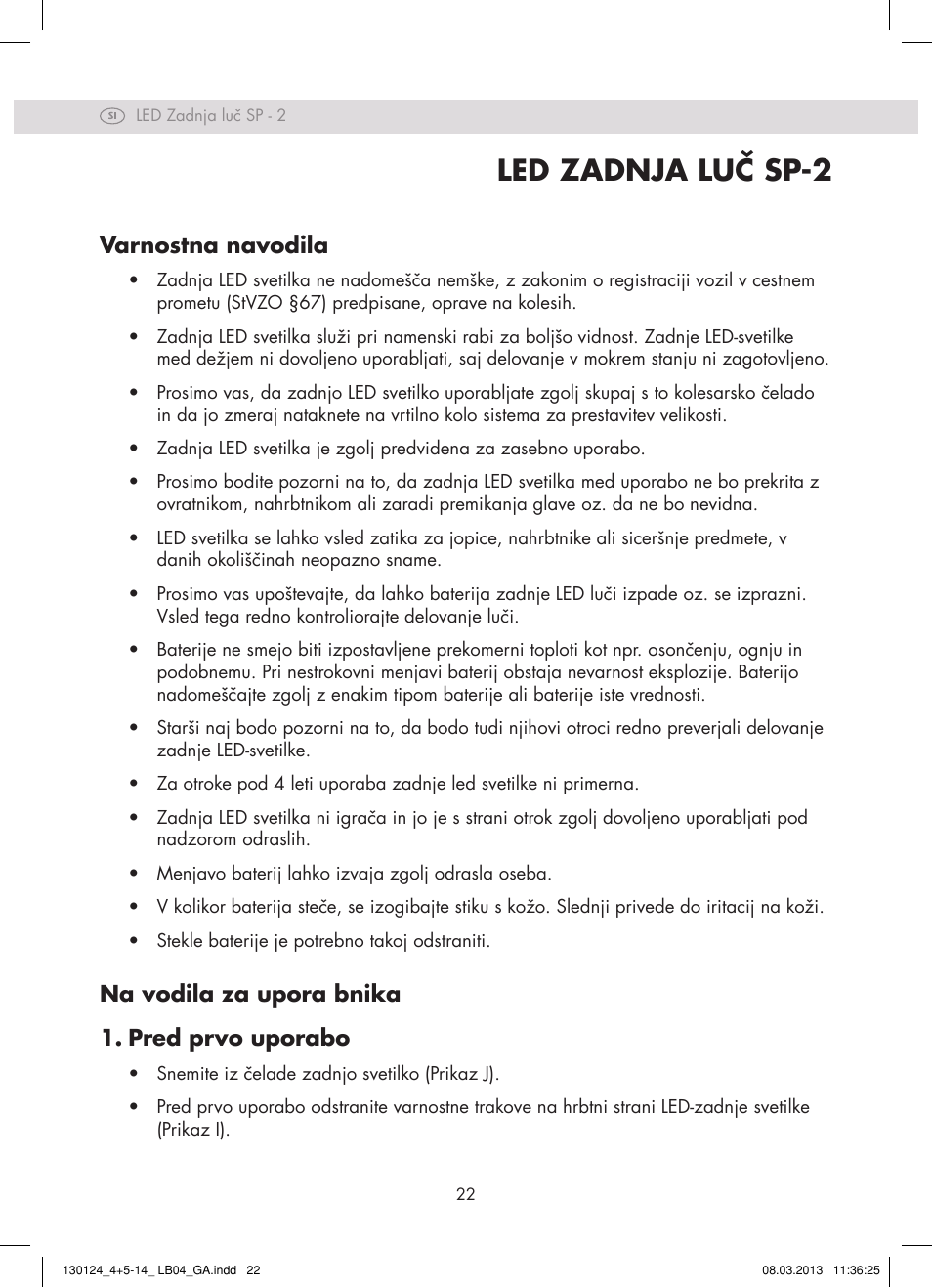 Led zadnja luč sp-2, Varnostna navodila, Na vodila za upora bnika 1. pred prvo uporabo | Crivit SP - 33 User Manual | Page 20 / 42