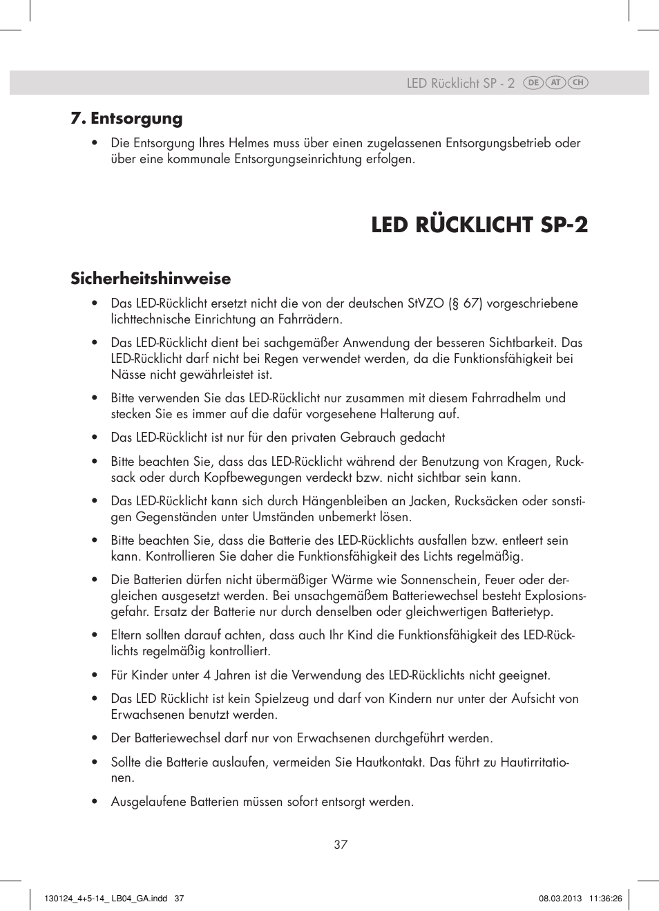 Led rücklicht sp-2, Entsorgung, Sicherheitshinweise | Crivit SP - 33 User Manual | Page 35 / 42