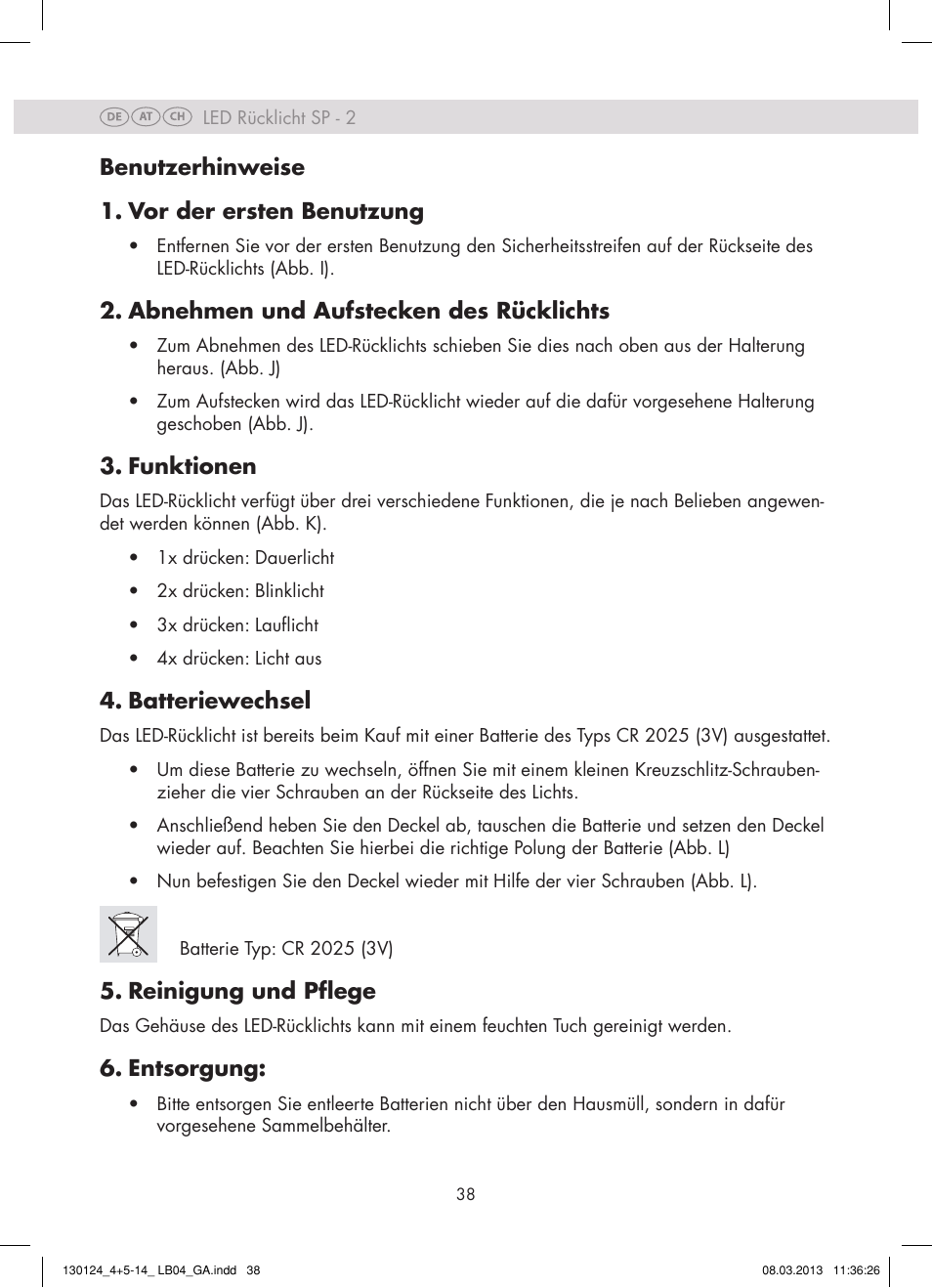 Benutzerhinweise 1. vor der ersten benutzung, Abnehmen und aufstecken des rücklichts, Funktionen | Batteriewechsel, Reinigung und pflege, Entsorgung | Crivit SP - 33 User Manual | Page 36 / 42
