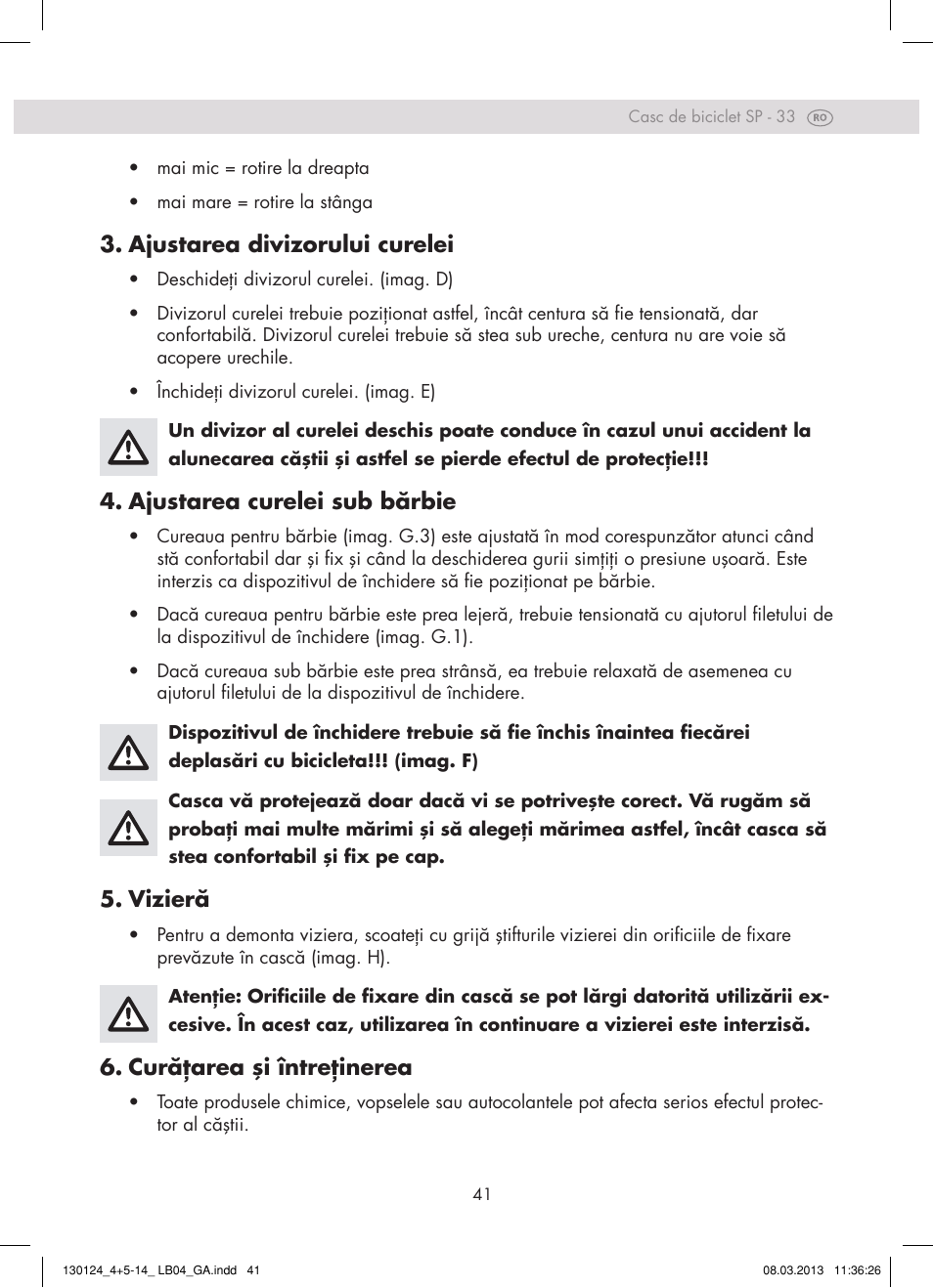 Ajustarea divizorului curelei, Ajustarea curelei sub bărbie, Vizieră | Curăţarea şi întreţinerea | Crivit SP - 33 User Manual | Page 39 / 42