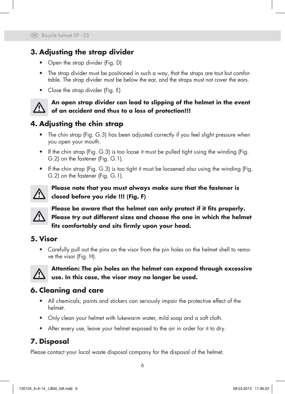 Adjusting the strap divider, Adjusting the chin strap, Visor | Cleaning and care, Disposal | Crivit SP - 33 User Manual | Page 4 / 42