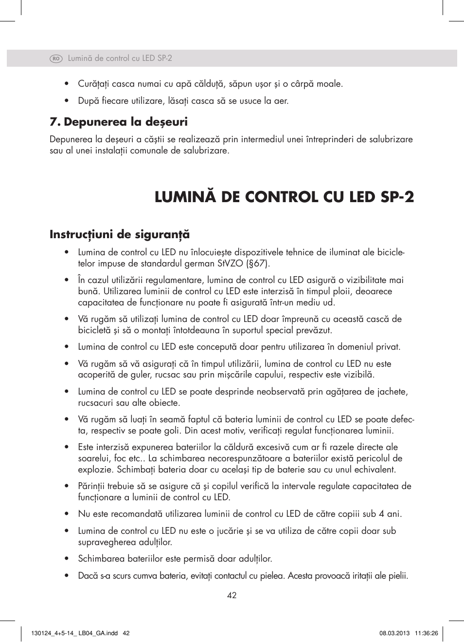 Lumină de control cu led sp-2, Depunerea la deşeuri, Instrucţiuni de siguranţă | Crivit SP - 33 User Manual | Page 40 / 42